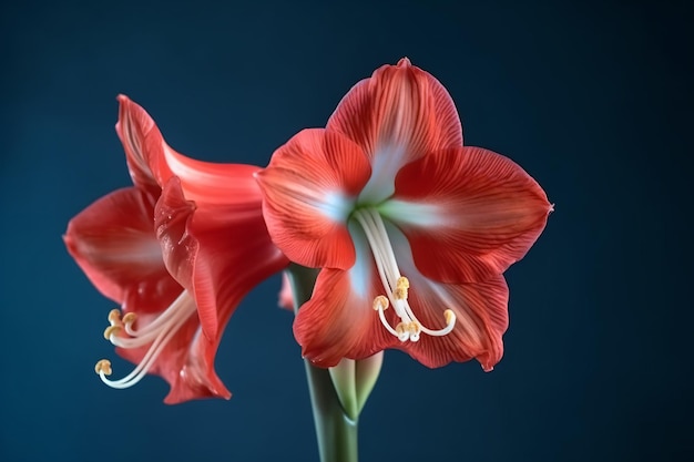 Un ramo de flores rojas con fondo azul.