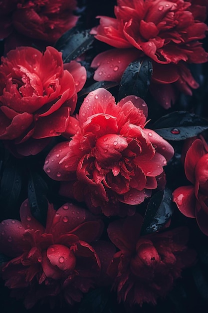 un ramo de flores rojas con gotas de lluvia en ellas