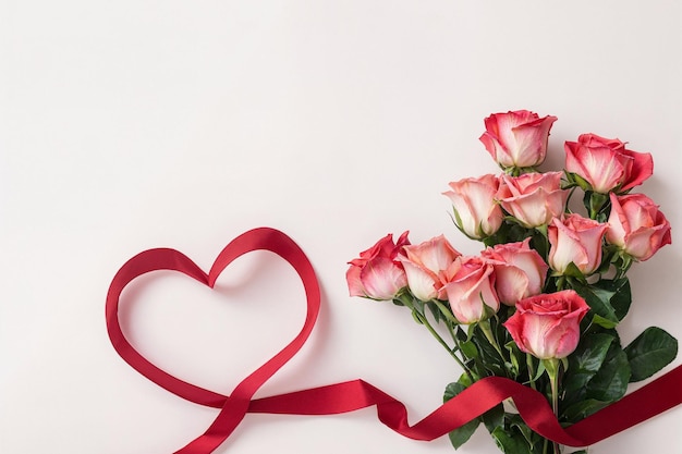 Foto ramo de flores de rosa y corazón de cinta roja sobre un fondo blanco con espacio para el texto