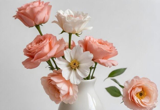 Un ramo de flores rosadas y blancas en un jarrón blanco contra un fondo claro