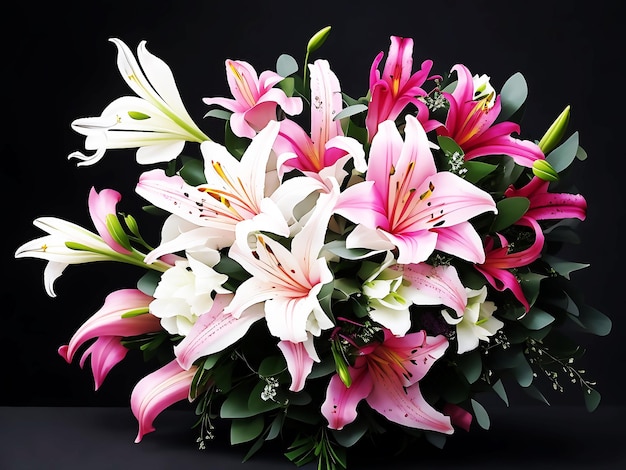 Un ramo de flores rosadas y blancas sobre un fondo blanco