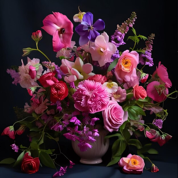 Ramo de flores rosadas coloridas en un jarrón sobre un fondo oscuro Flores en flor un símbolo de la primavera nueva vida