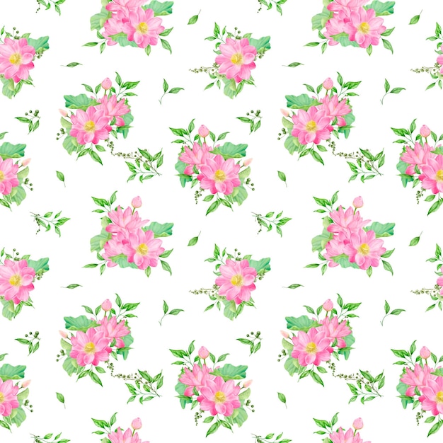 Ramo de flores rosadas enmarcadas por hojas verdes y ramas en un patrón sin costuras Ilustración digital en acuarela Ramos de lirio de agua y gipsófila aislados en un fondo blanco Ilustración botánica