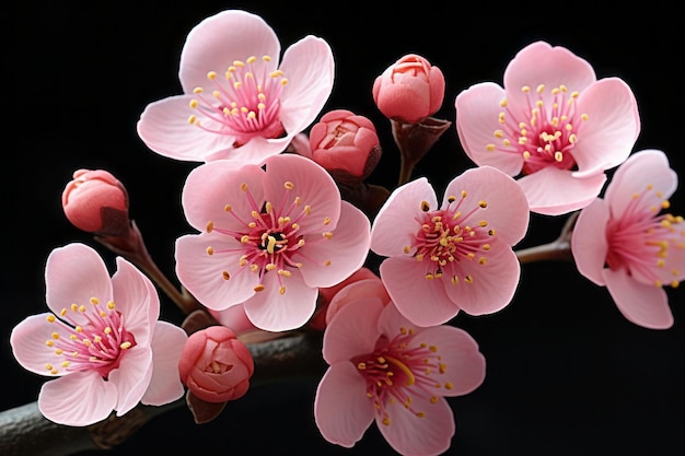 un ramo de flores rosadas están en una rama