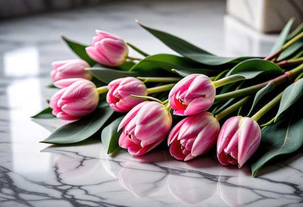 un ramo de flores rosadas con hojas verdes en una mesa