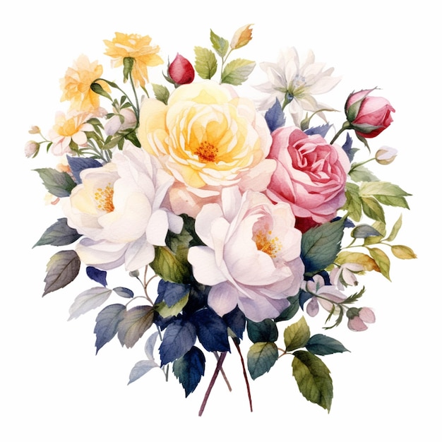 Un ramo de flores con rosas amarillas, rosas y blancas.