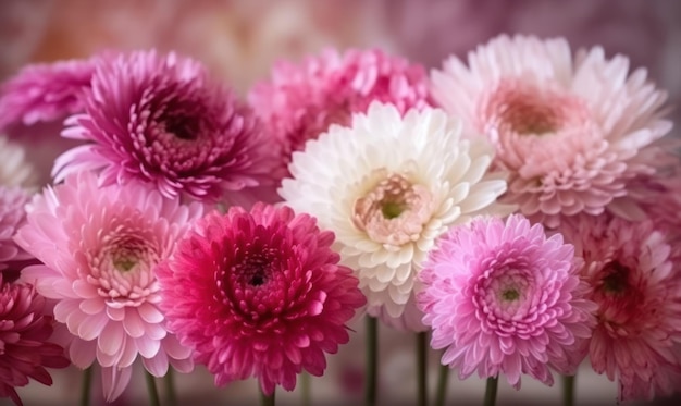 Un ramo de flores rosas y blancas con un fondo rosa.