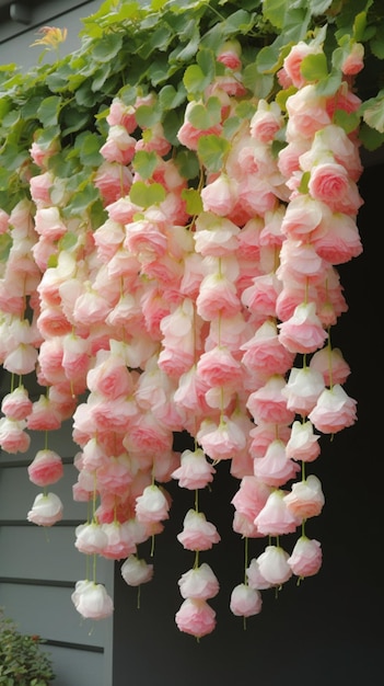 Foto un ramo de flores rosas cuelga de una puerta.