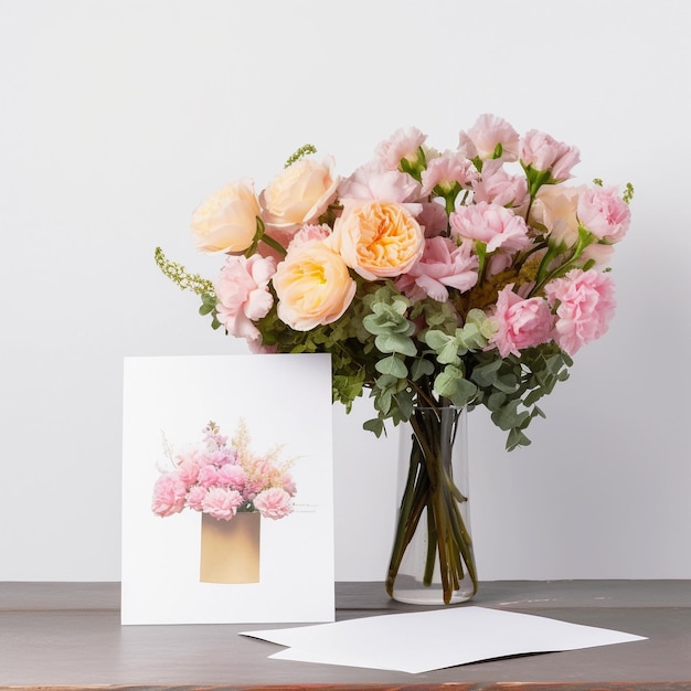 Foto un ramo de flores rosas junto a una tarjeta con peonías generada por ai