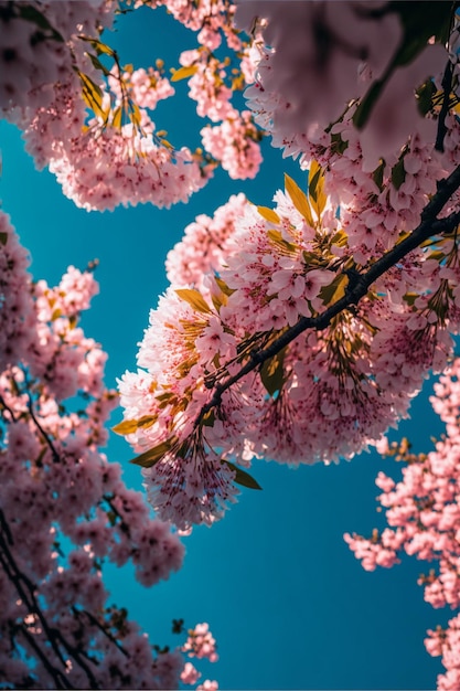 Ramo de flores rosas que están en un árbol generativo ai