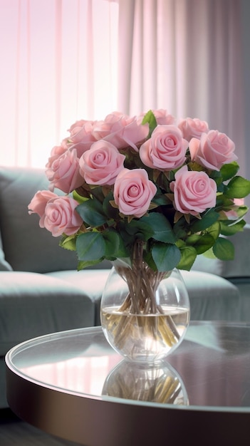 Ramo de flores de rosas rosadas en jarrón de vidrio Floristería de decoración del hogar shabby chic en un flujo IA generativa