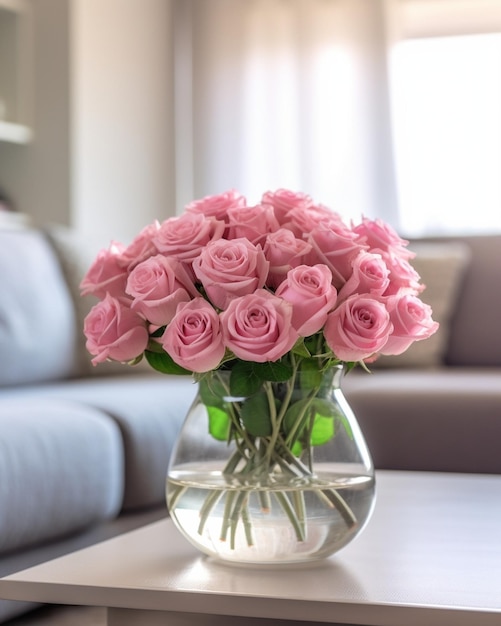 Ramo de flores de rosas rosadas en jarrón de vidrio Floristería de decoración del hogar shabby chic en un flujo IA generativa