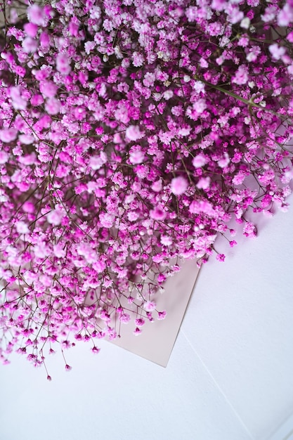 Un ramo de flores rosas sobre un fondo blanco.