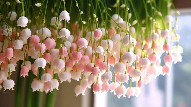 Un ramo de flores rosas con el título de lirio de los valles.