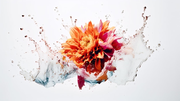 Ramo de flores en salpicaduras de colores de agua de colores sobre un fondo blanco colorido