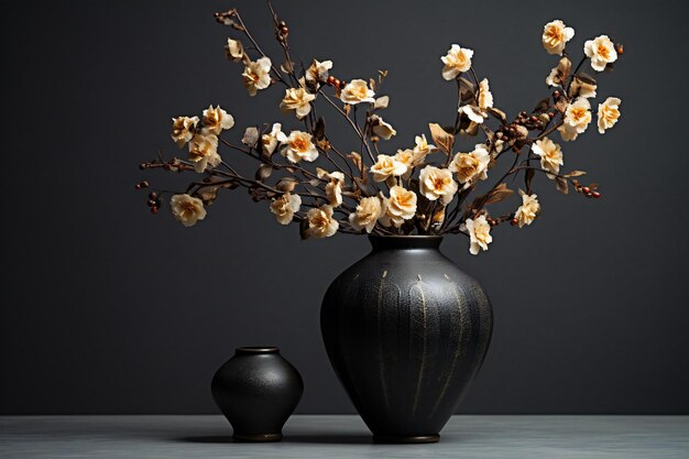 Foto ramo de flores secas en un jarrón negro sobre un fondo gris