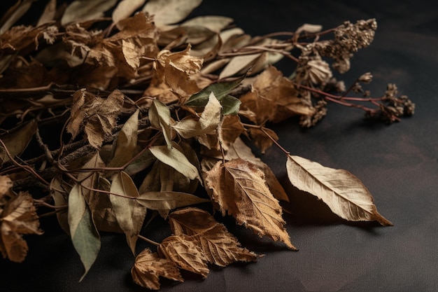 Un ramo de flores secas sobre una mesa negra