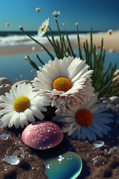 Ramo de flores sentado en la parte superior de una playa de arena generativa ai