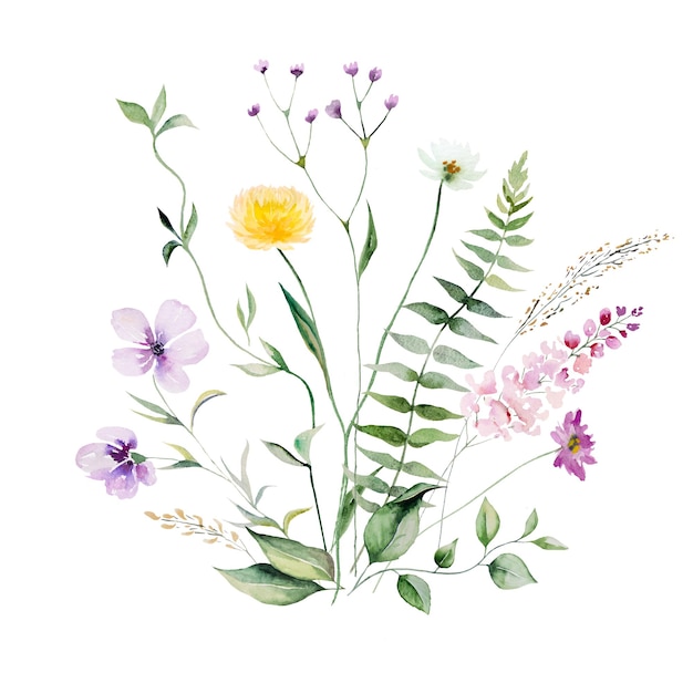 Ramo de flores silvestres de acuarela y hojas ilustración de boda y saludo de verano aislado