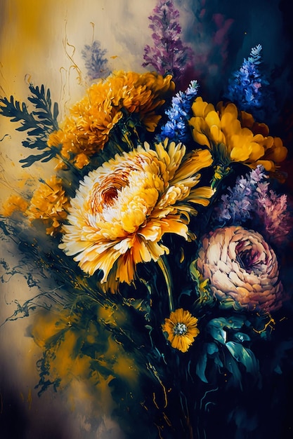 Ramo de flores silvestres en pintura acuarela amarilla.