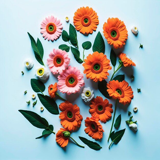 Un ramo de flores sobre un fondo blanco con una hoja verde y una flor blanca.