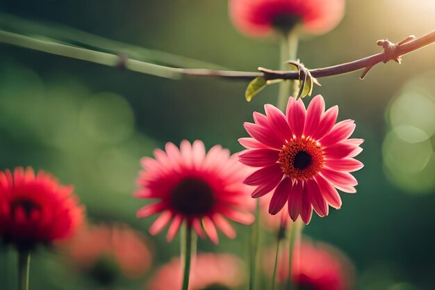 un ramo de flores con el sol detrás de ellas