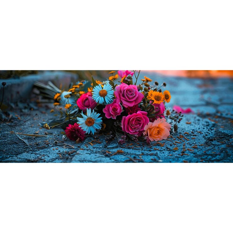 un ramo de flores en el suelo con un borde rosa