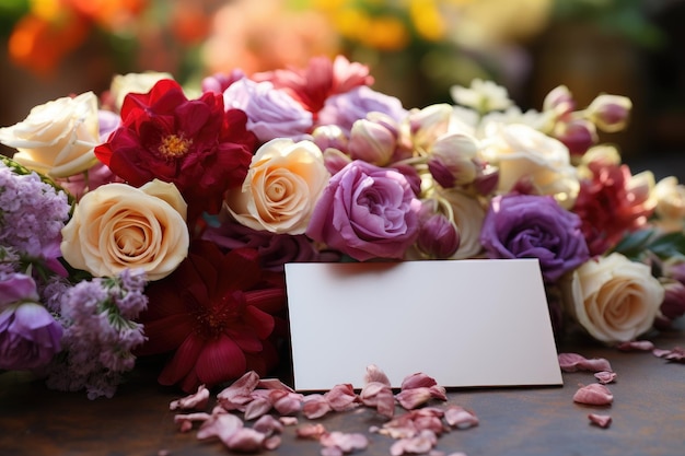 Un ramo de flores con una tarjeta de felicitación en blanco