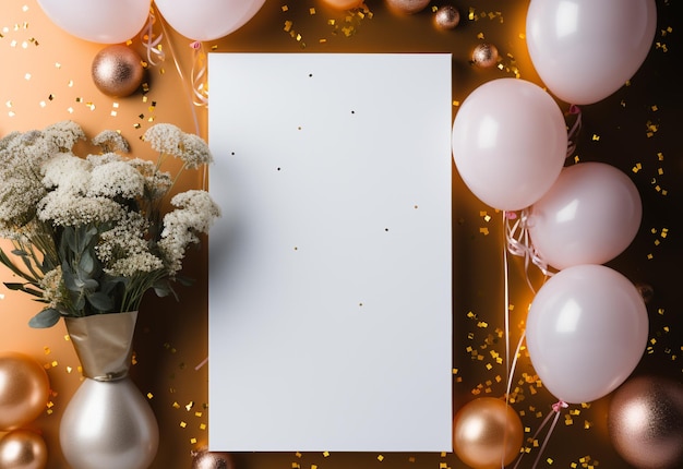 Foto un ramo de flores y una tarjeta con un montón de globos en el fondo