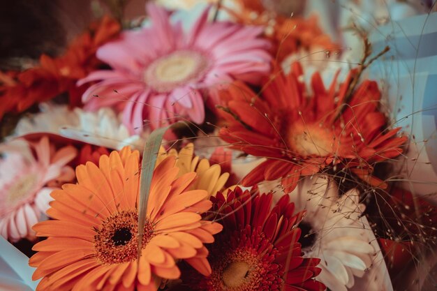 Un ramo de flores teñidas de rojo