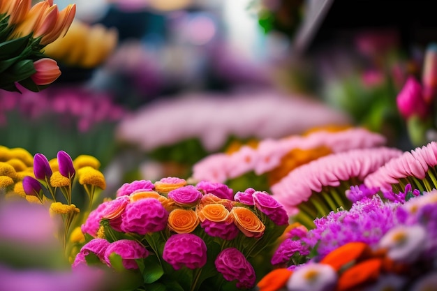 Un ramo de flores en una tienda con un fondo colorido