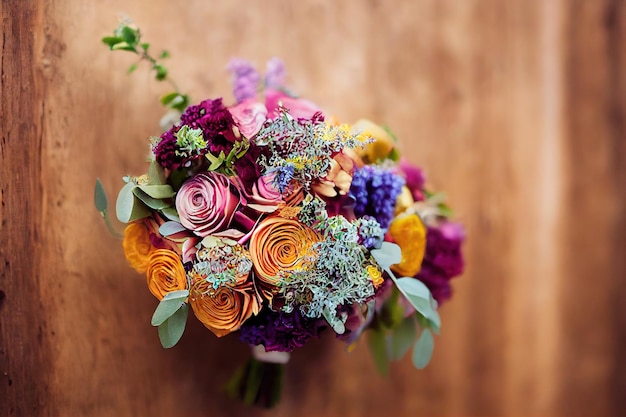 Ramo de flores de verano con rosas amarillas y rosas sobre mesa de madera