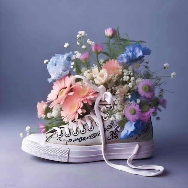 Ramo de flores en zapatillas de estilo retro