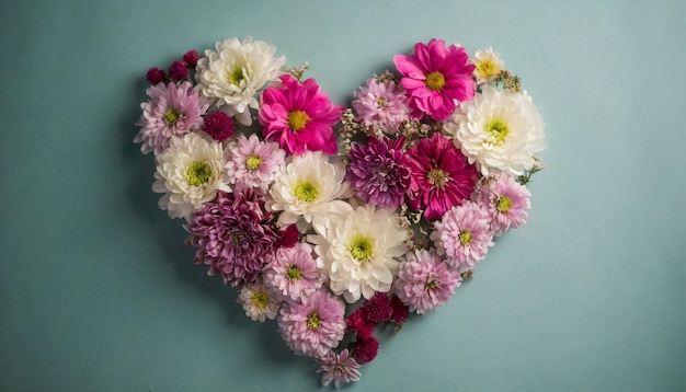 ramo en forma de corazón una explosión de amor y romance formada por flores variadas en un fondo prístino