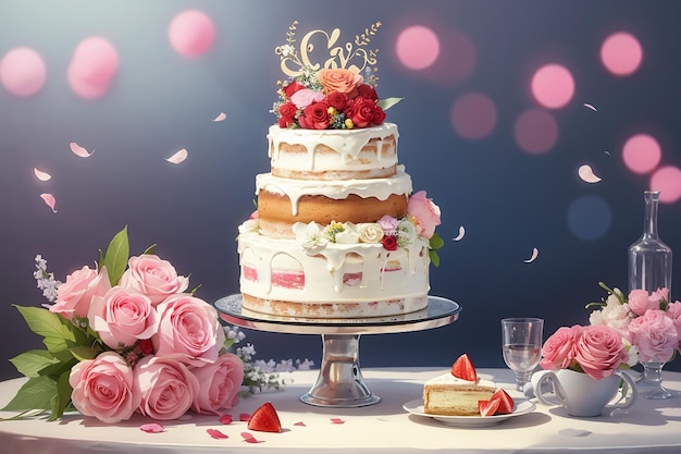 Ramo fresco dulce amor celebración de boda con pastel
