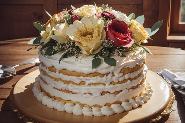 Un ramo fresco, un dulce amor, una celebración de la boda con pastel.