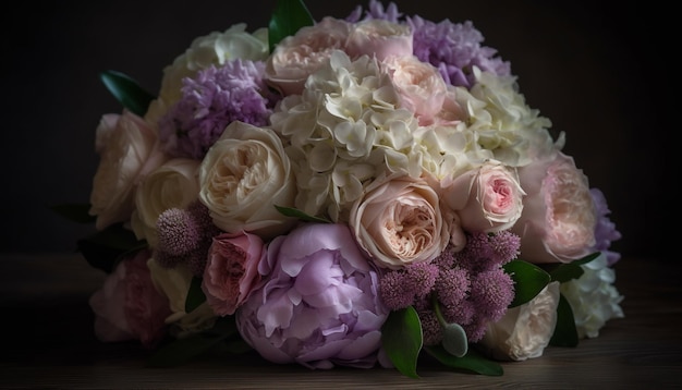 Ramo fresco de flores rosas y moradas generado por IA