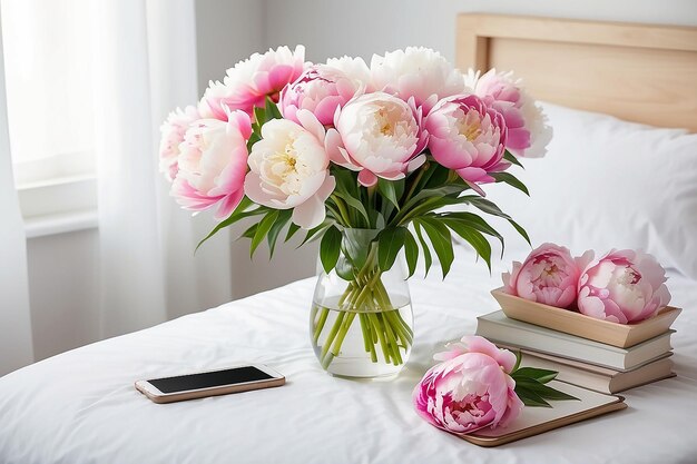 Un ramo fresco de peonías rosas y blancas en el jarrón en la mesa de noche.