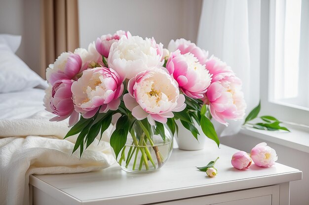 Un ramo fresco de peonías rosas y blancas en el jarrón en la mesa de noche.
