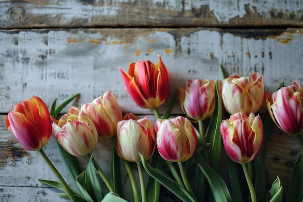 Ramo de frescos y hermosos tulipanes delicados sobre un fondo de madera como una foto de regalo en pastel claro