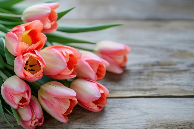 Ramo de frescos y hermosos tulipanes delicados sobre un fondo de madera como una foto de regalo en pastel claro