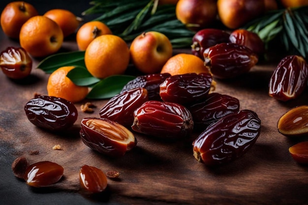 un ramo de frutas y un ramo De hojas en una mesa