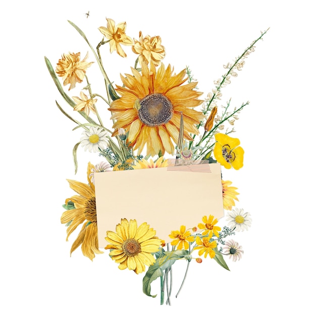 Ramo de girasol con collage de papel de nota con fondo transparente