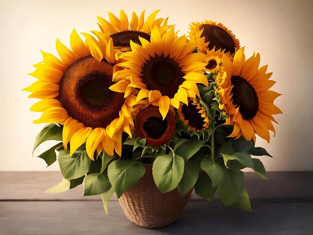 Un ramo de girasoles en un jarrón en una mesa