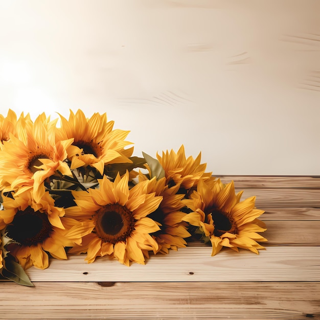 un ramo de girasoles en una mesa de madera.