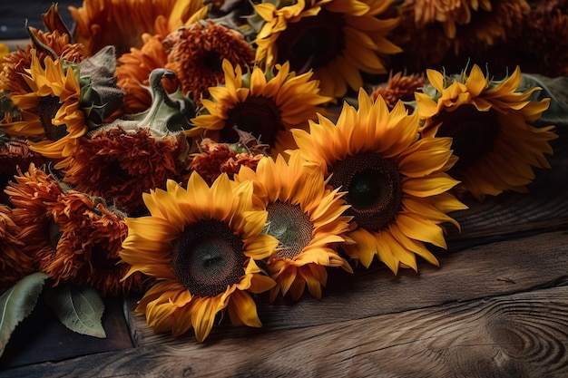 Un ramo de girasoles en una mesa de madera