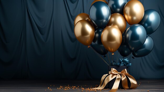 Foto ramo de globos azules oscuros y dorados sobre un fondo sólido