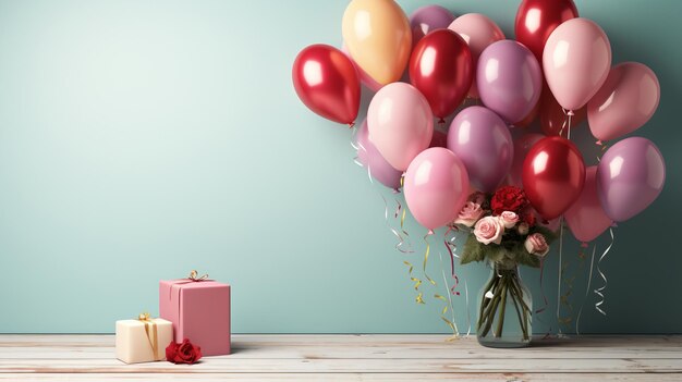 un ramo de globos con una caja de regalos en la mesa