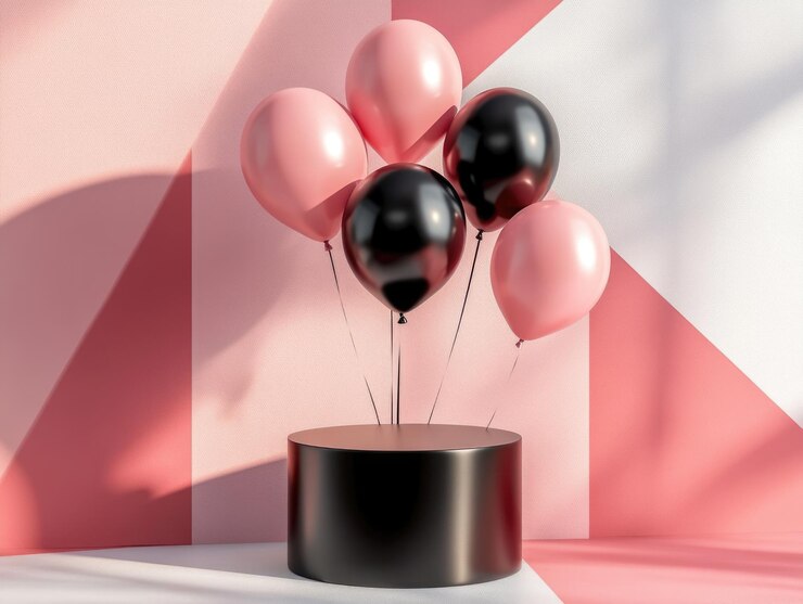 Ramo de globos con globos negros y confeti rosado