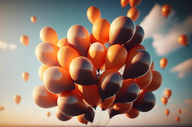 Ramo de globos naranjas en el cielo de fondo con nubes